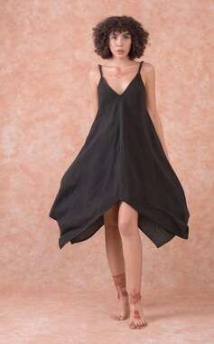 NWT Rhea Black Linen Blend Asymmetrical Hem Midi Dress